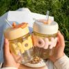 Cute glass double drinking cup with Lid & Straw &  for Water & Juice 400 ml