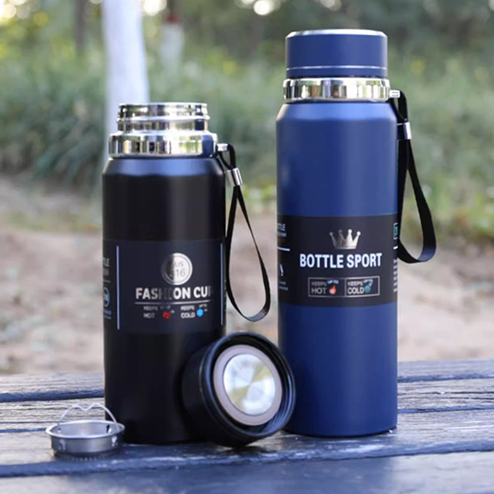 ترمس حراري محمول استانليس ستيل 1000 ملي بغطاء محكم الغلق و مصفاه للسفر والرحلات والتخييم - الصورة 2