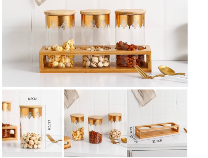 طقم برطمانات لحفظ وتنظيم البقوليات والتوابل والمكسرات والكاندي 3 قطع مع حامل خشبي من الزجاج - الصورة 2