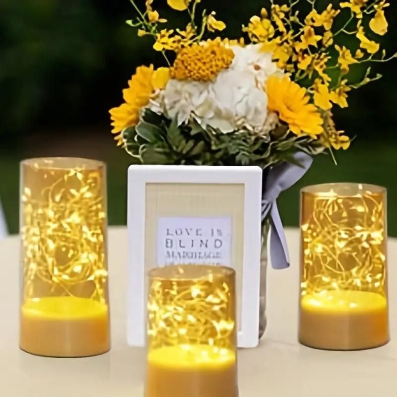 طقم شمع زجاجي 3 قطع بمقاسات مختلفة مضئ بدون لهب ببطاريات لتجديد ديكور البيت - الصورة 7