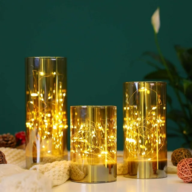 طقم شمع زجاجي 3 قطع بمقاسات مختلفة مضئ بدون لهب ببطاريات لتجديد ديكور البيت - الصورة 2