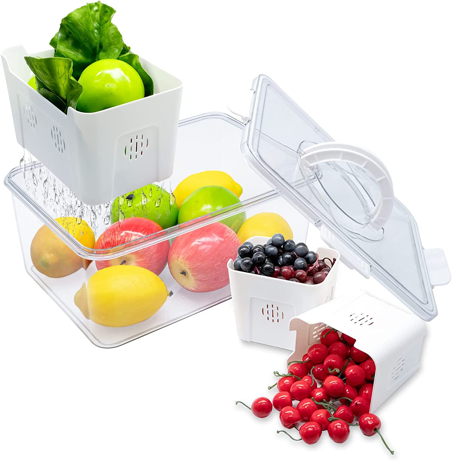 علبة ومنظم ثلاجة اكليريك مع 3 علب بمصفاه لحفظ الخضروات والفاكهه بغطاء محكم الغلق - الصورة 2