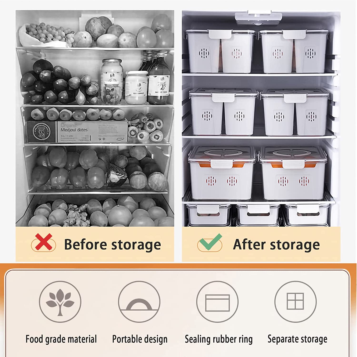 علبة ومنظم ثلاجة اكليريك مع 3 علب بمصفاه لحفظ الخضروات والفاكهه بغطاء محكم الغلق - الصورة 4
