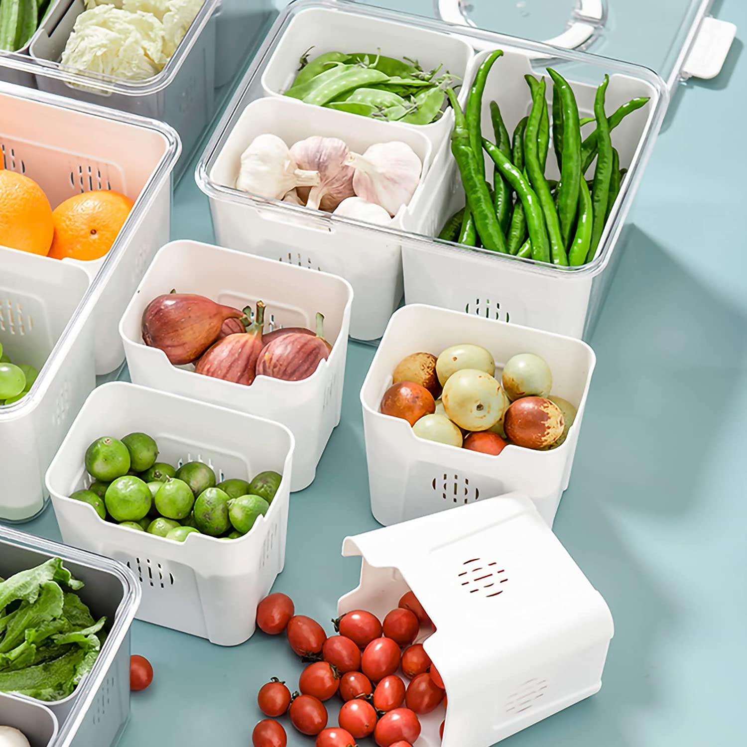علبة ومنظم ثلاجة اكليريك مع 3 علب بمصفاه لحفظ الخضروات والفاكهه بغطاء محكم الغلق - الصورة 5