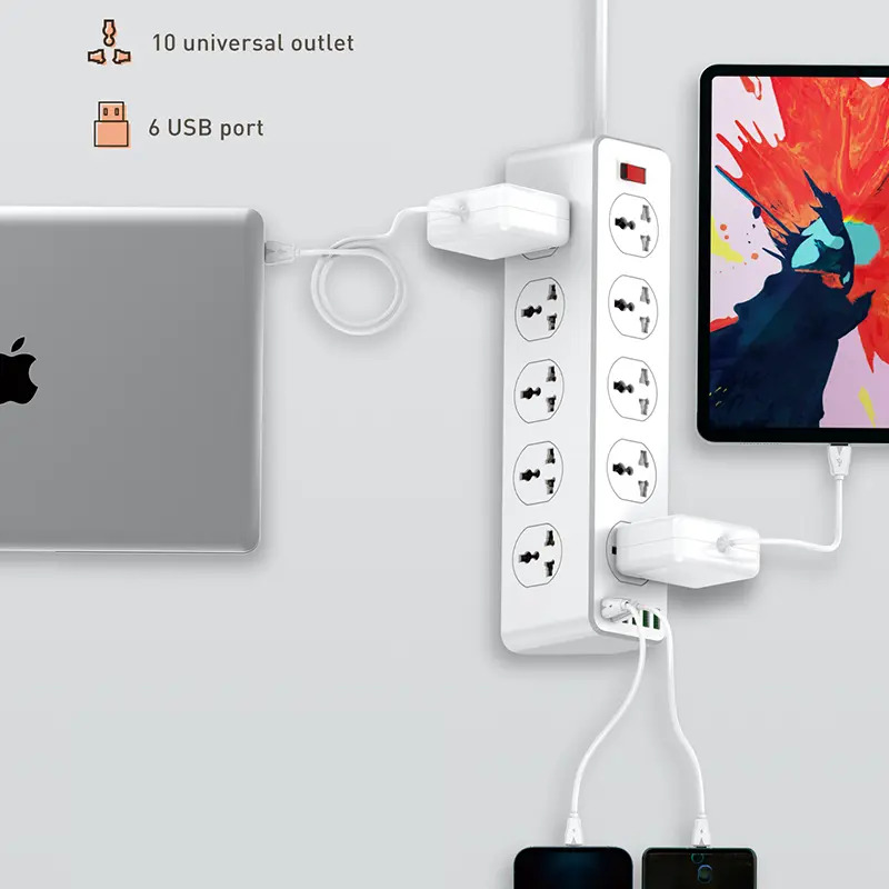 مشترك كهربائي كبير يتكون من 10 فيشة و 5 منافذ يو اس بي ومنفذ تايب سي مقاوم للأشتعال 32 واط - الصورة 2