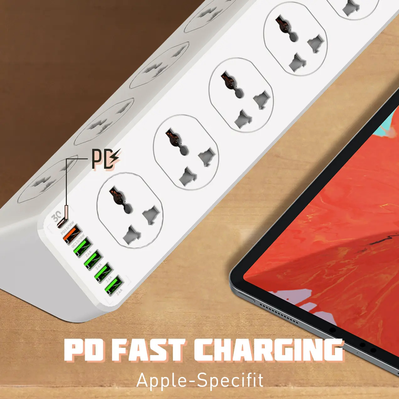 مشترك كهربائي كبير يتكون من 10 فيشة و 5 منافذ يو اس بي ومنفذ تايب سي مقاوم للأشتعال 32 واط - الصورة 4