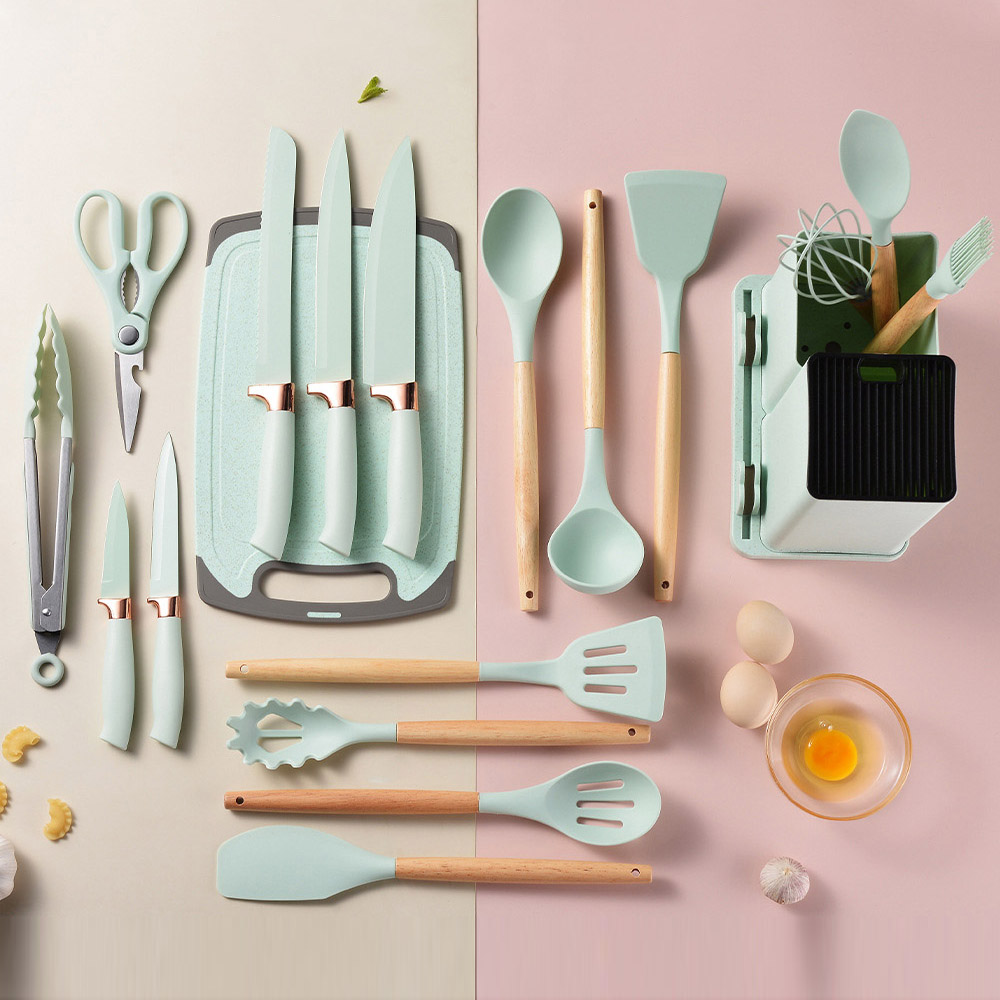 طقم توزيع وسكاكين مع لوح تقطيع 18 قطعة سيليكون بيد خشب وحامل مقسم لسهولة الأختيار - الصورة 2