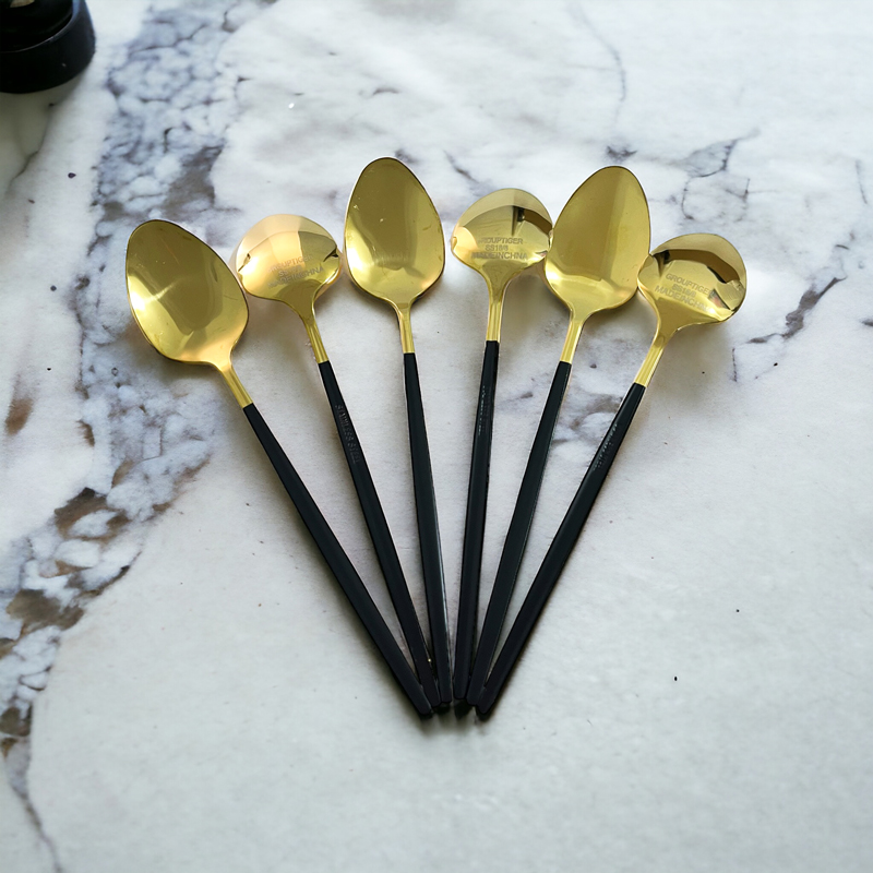 طقم معالق استانليس ستيل 6 قطع جولد بمقبض باللون الأسود الملكي