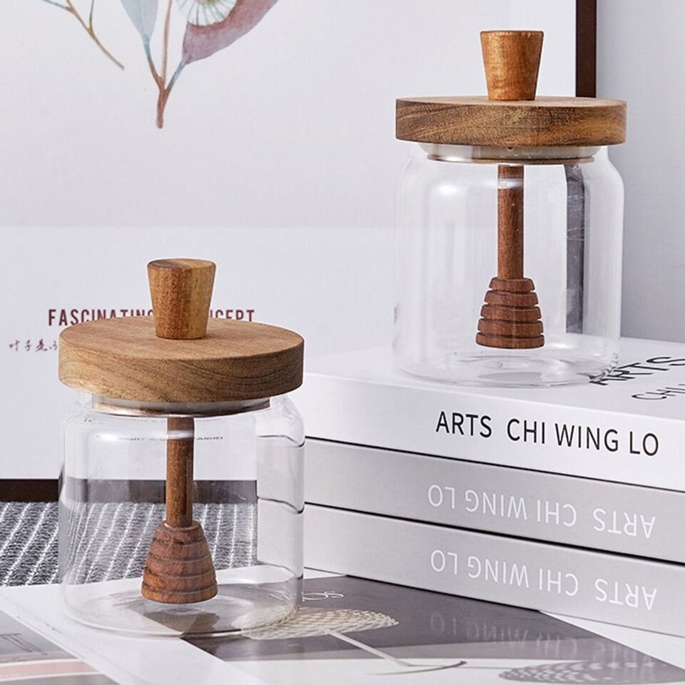 برطمان زجاج 300 ملي  للعسل بغطاء خشبي محكم الغلق - الصورة 3