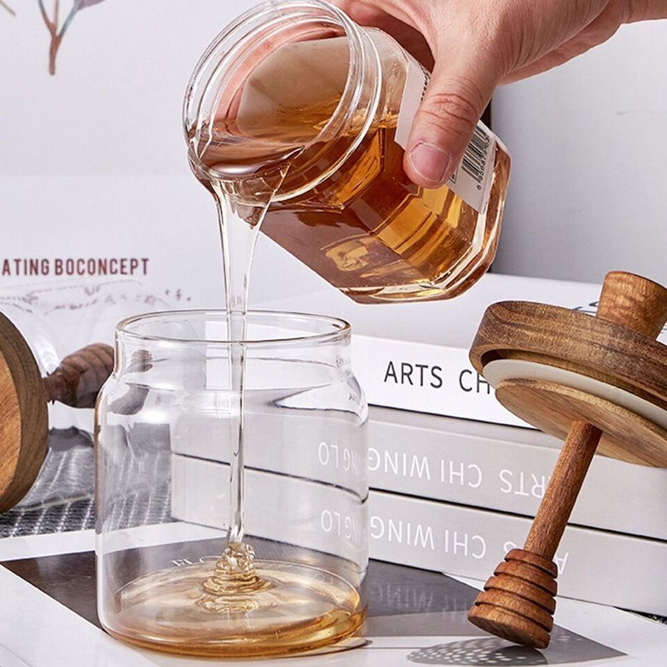 برطمان زجاج 300 ملي  للعسل بغطاء خشبي محكم الغلق - الصورة 4