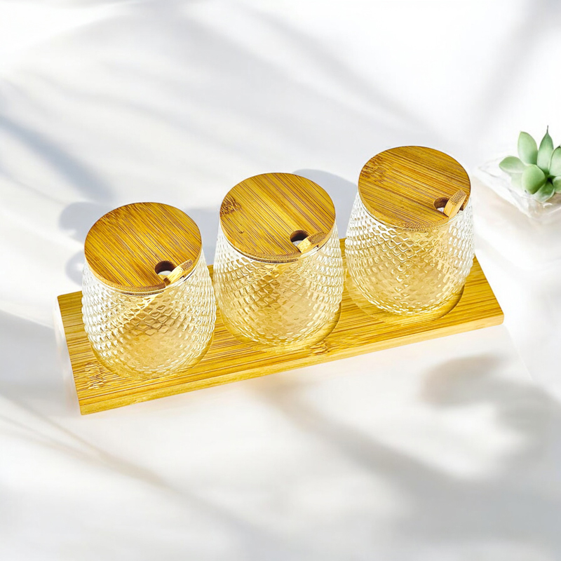 طقم برطمانات زجاج 3 قطع للتوابل مع قاعدة خشب 350 مللي - الصورة 4