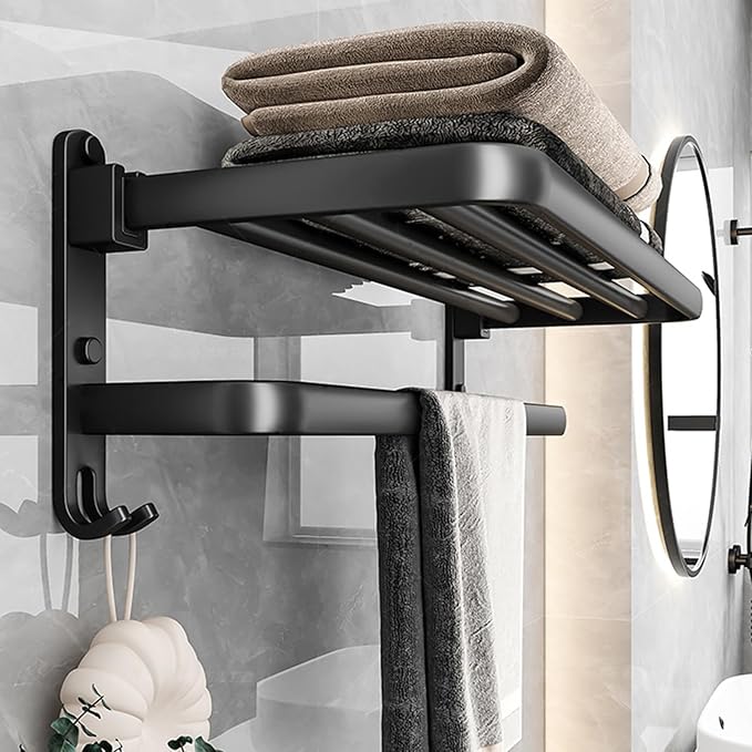 حامل فوط معدن مزدوج قابل للطي مزود ب 2 هوك لتعليق ادوات الحمام - الصورة 2