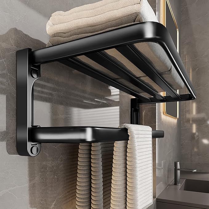 حامل فوط معدن مزدوج قابل للطي مزود ب 2 هوك لتعليق ادوات الحمام - الصورة 3