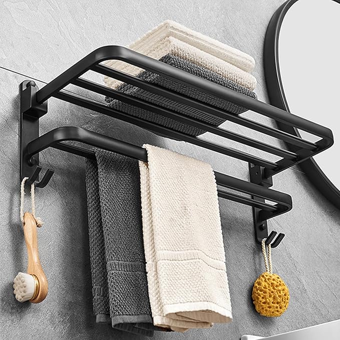 حامل فوط معدن مزدوج قابل للطي مزود ب 2 هوك لتعليق ادوات الحمام - الصورة 4