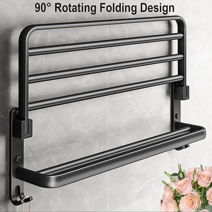 حامل فوط معدن مزدوج قابل للطي مزود ب 2 هوك لتعليق ادوات الحمام - الصورة 6