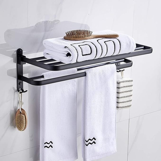 حامل فوط معدن مزدوج قابل للطي مزود ب 2 هوك لتعليق ادوات الحمام - الصورة 8