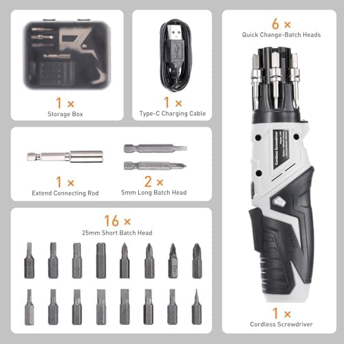 طقم مفك كهربائي لاسلكي 25 قطعة بتصميم مقبض قابل للدوران 180 درجة _ بيو اس بي للشحن - الصورة 7