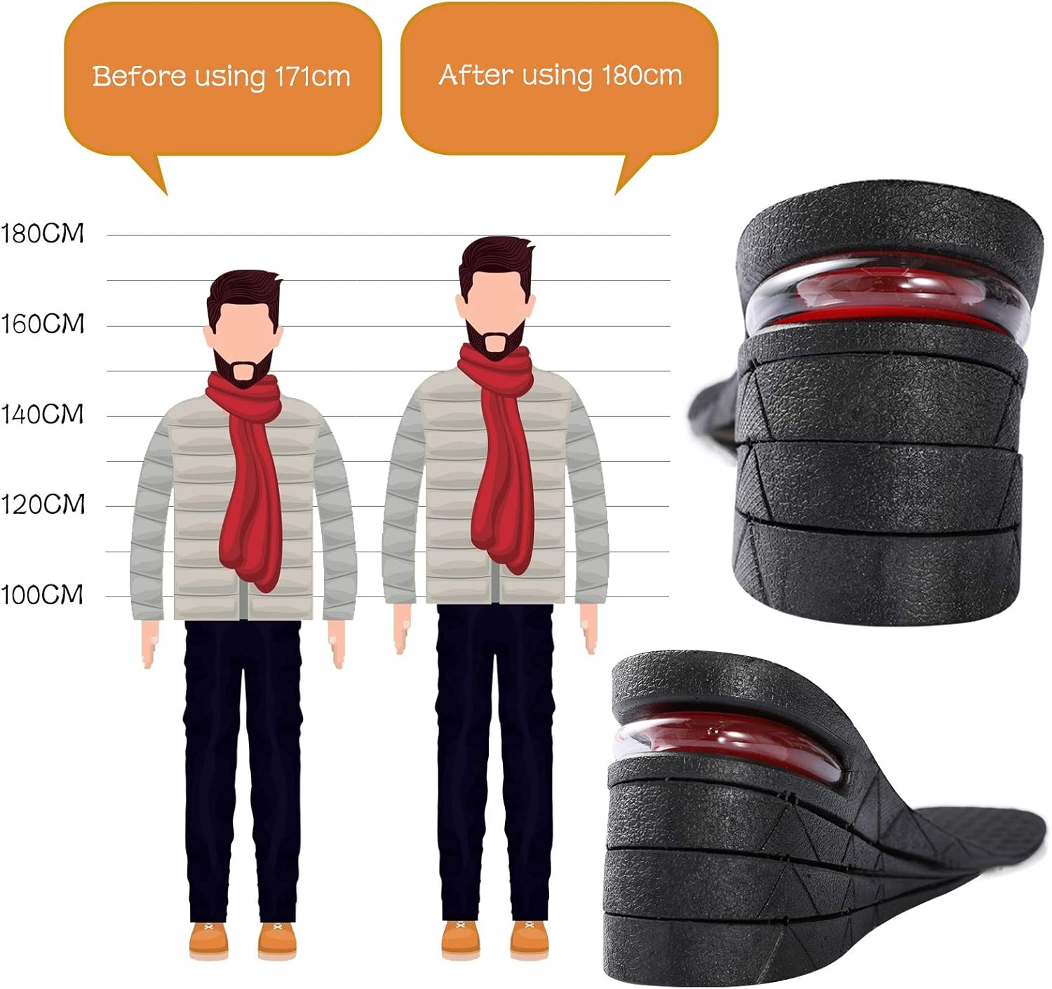 نعل داخلي لزيادة الطول ب 3 طبقات قابلة للتعديل مزود بوسادة هوائية للكعب