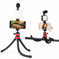 ترايبود بحامل ثلاثي مرن بتصميم اخطبوطي برأس كروية تدور 360 درجة مع مايك وإضاءة للتصوير