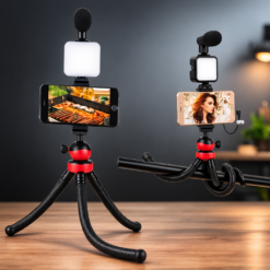 ترايبود بحامل ثلاثي مرن بتصميم اخطبوطي برأس كروية تدور 360 درجة مع مايك وإضاءة للتصوير