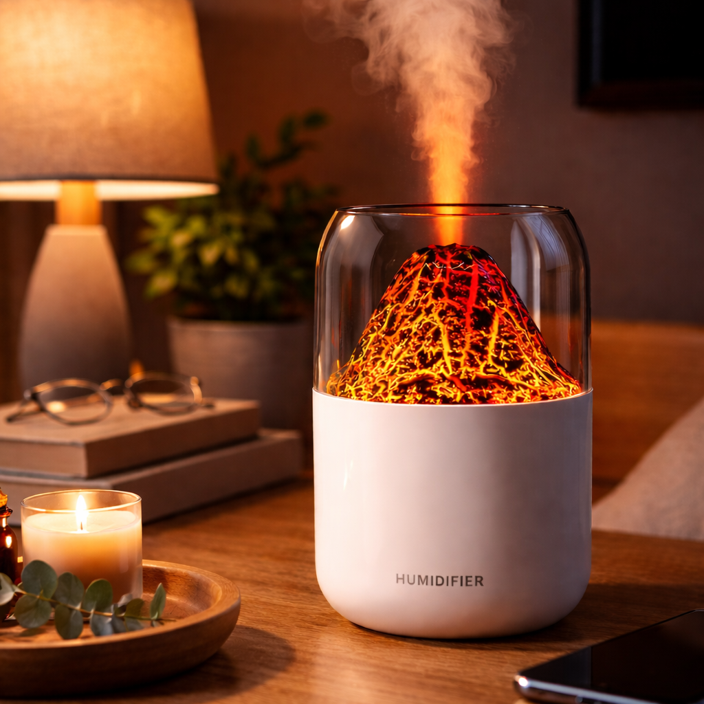 فواحة مضيئة بتصميم بركان بوضعين رذاذ لتعطير المنزل والسيارة بسعة خزان 300 ملي