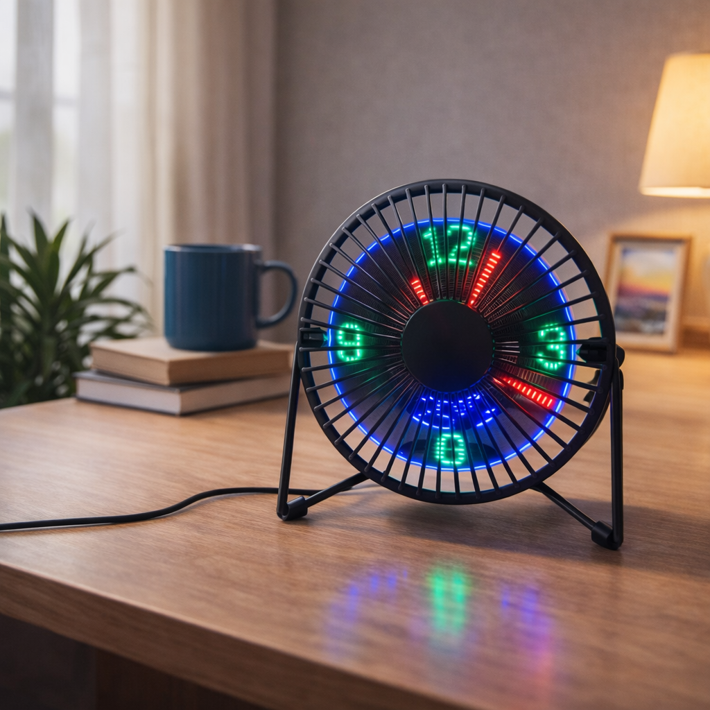 مروحة ليد مكتب بساعة رقمية تدور 360 درجة تعمل بالشحن - الصورة 2