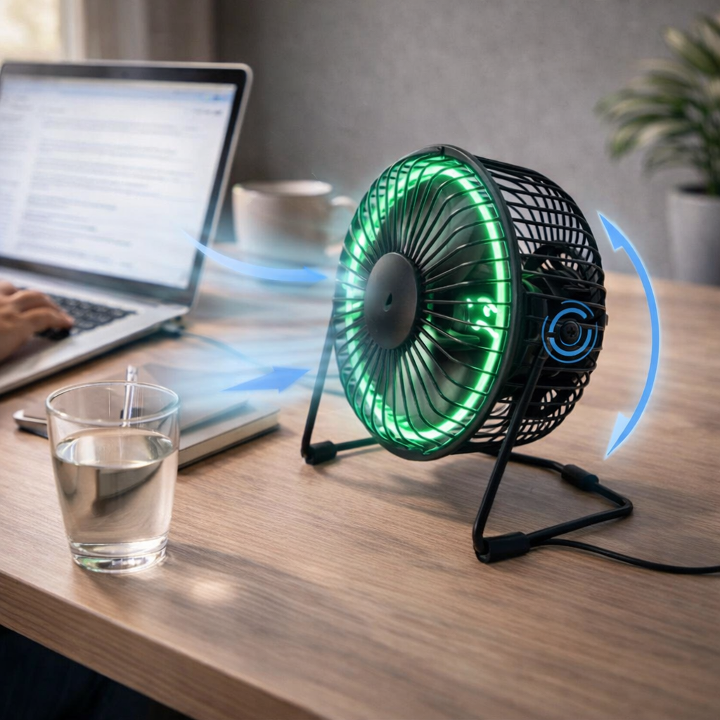 مروحة ليد مكتب بساعة رقمية تدور 360 درجة تعمل بالشحن - الصورة 3