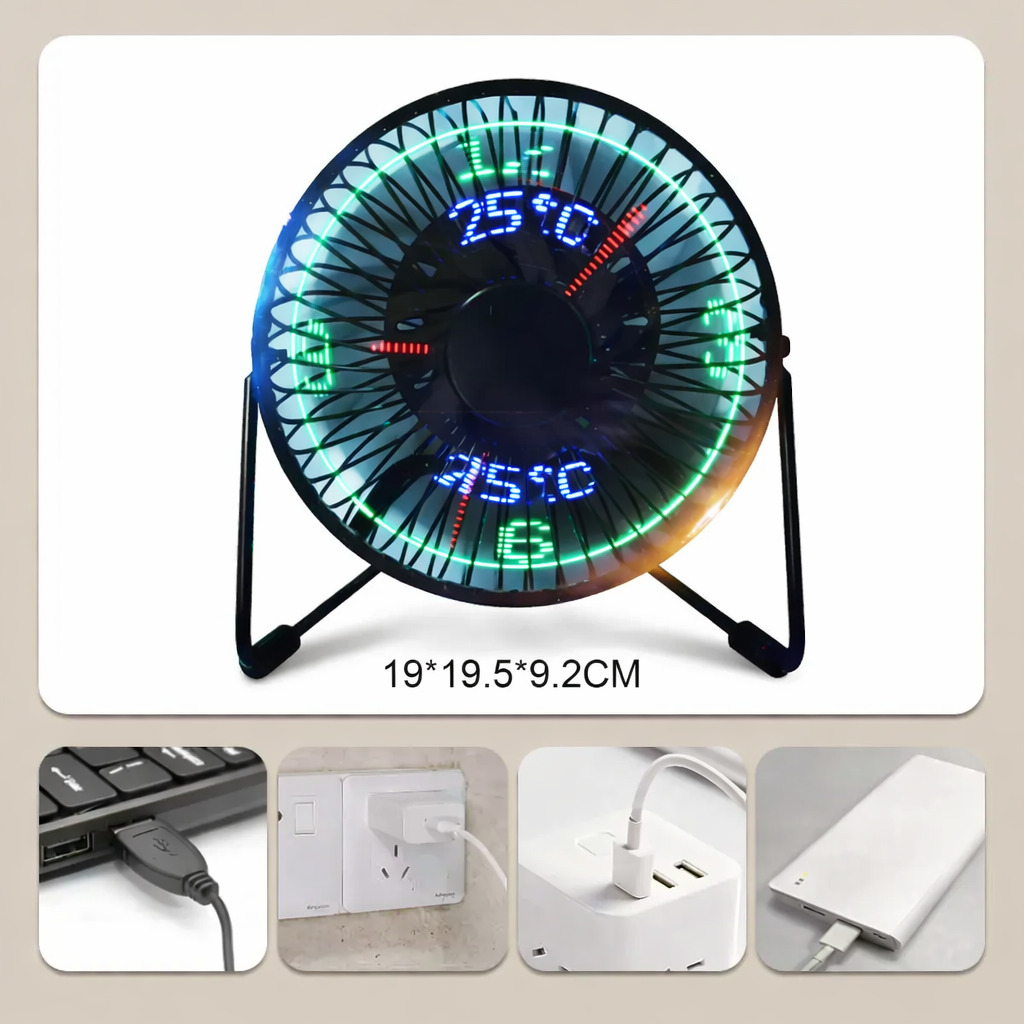 مروحة ليد مكتب بساعة رقمية تدور 360 درجة تعمل بالشحن - الصورة 4