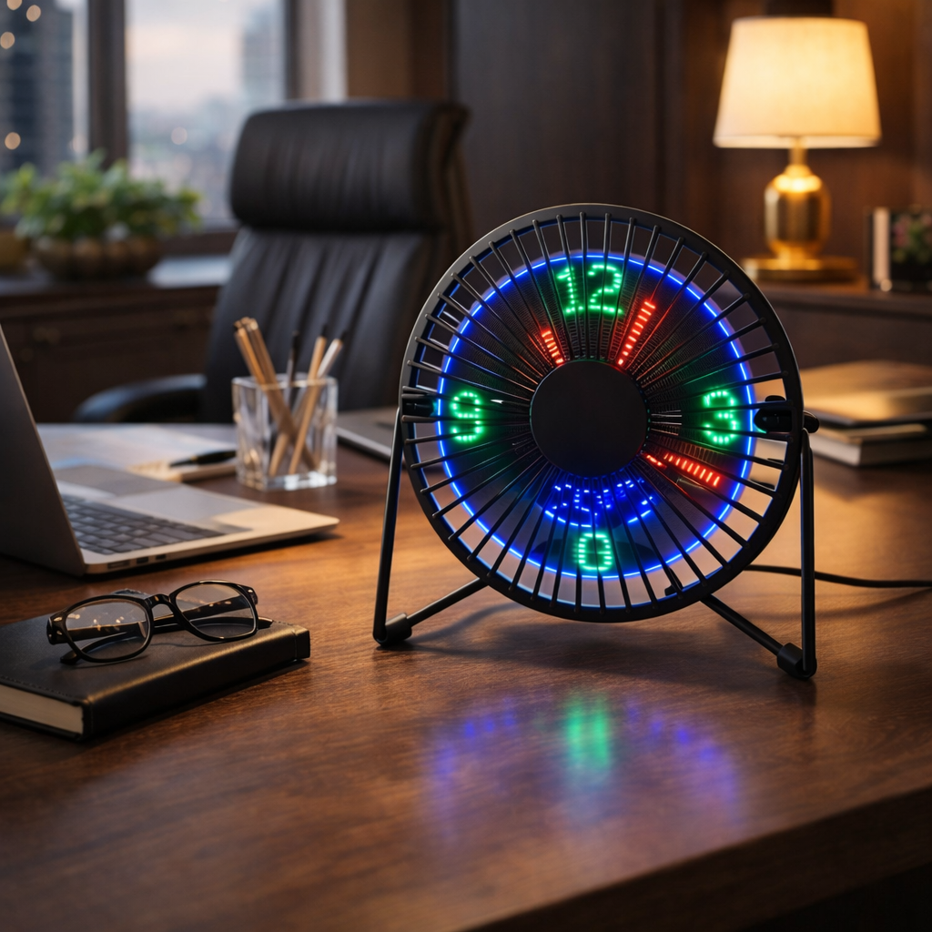 مروحة ليد مكتب بساعة رقمية تدور 360 درجة تعمل بالشحن
