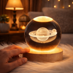 بلورة كريستال ثلاثية الابعاد بتصميم كوكب زحل بقاعدة خشبية قابلة للفصل