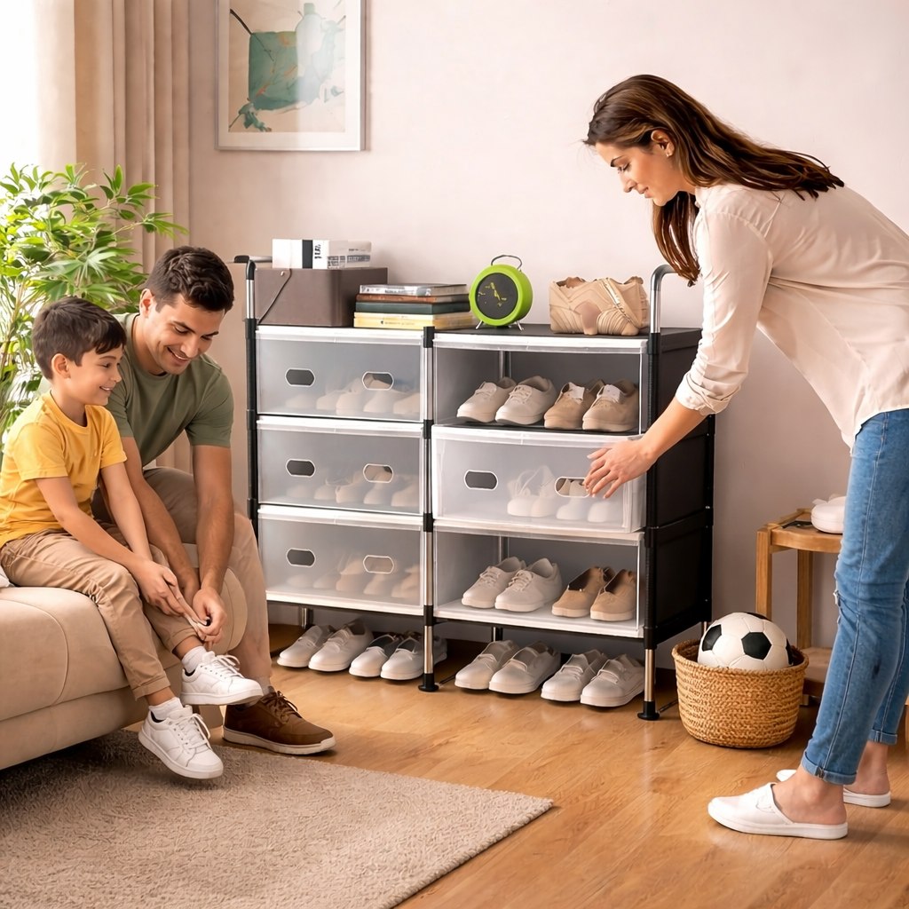 جزامة 3 أدوار مزدوجة بقوائم معدنية و6 أرفف بغطاء للحفاظ على الأحذية من الأتربة - الصورة 5