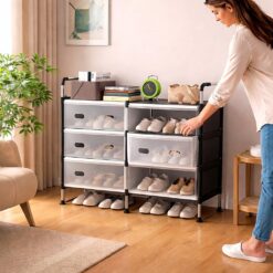 جزامة 3 أدوار مزدوجة بقوائم معدنية و6 أرفف بغطاء للحفاظ على الأحذية من الأتربة