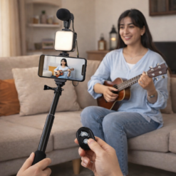 سيلفي ستيك وترايبود باضاءة وميكروفون مع ريموت للتحكم والتصوير عن بعد