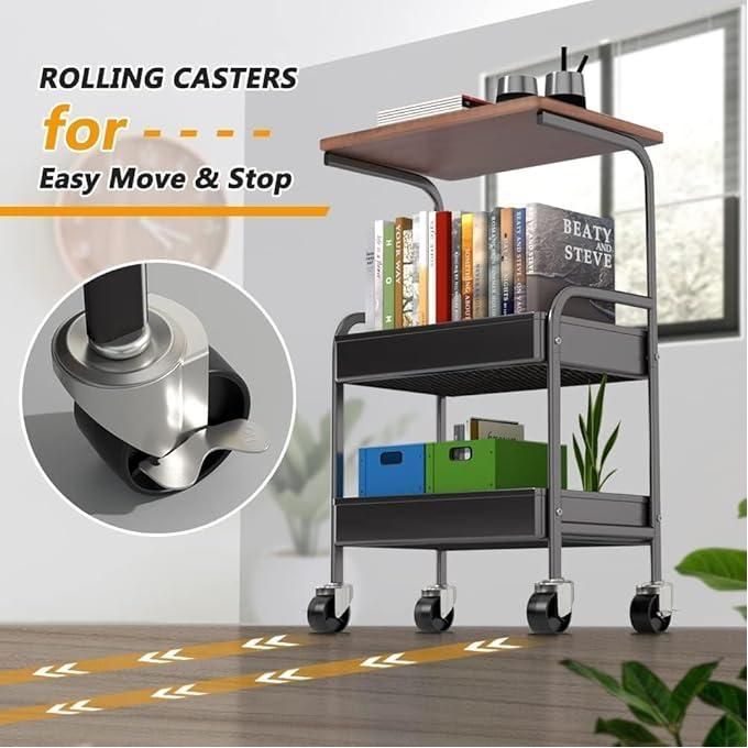 عربة لتنظيم الأدوات المكتبية بدورين وسطح خشبي وعجلات لسهولة الحركة - الصورة 7