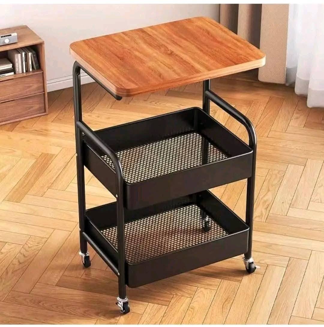 عربة لتنظيم الأدوات المكتبية بدورين وسطح خشبي وعجلات لسهولة الحركة - الصورة 3