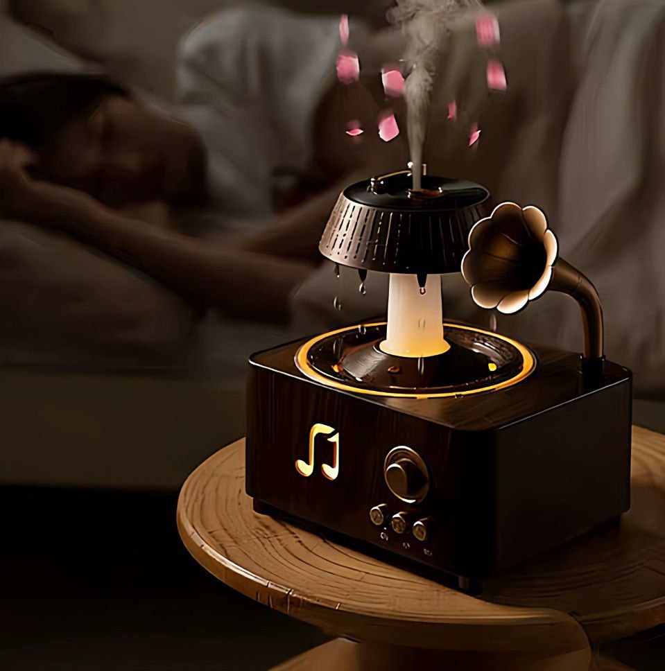 فواحة مضيئة على شكل جرامافون مع صوت ضوضاء بيضاء وسبيكر بلوتوث بخزان 250 ملي لتعطير المنزل بريموت للتحكم - الصورة 2