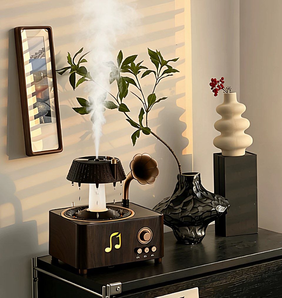 فواحة مضيئة على شكل جرامافون مع صوت ضوضاء بيضاء وسبيكر بلوتوث بخزان 250 ملي لتعطير المنزل بريموت للتحكم - الصورة 3