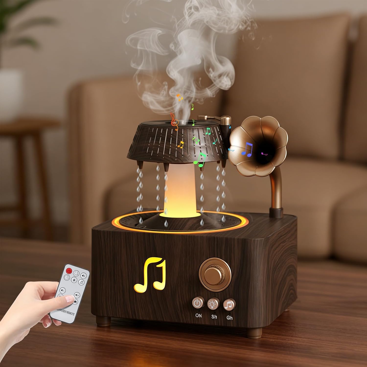فواحة مضيئة على شكل جرامافون مع صوت ضوضاء بيضاء وسبيكر بلوتوث بخزان 250 ملي لتعطير المنزل بريموت للتحكم - الصورة 5