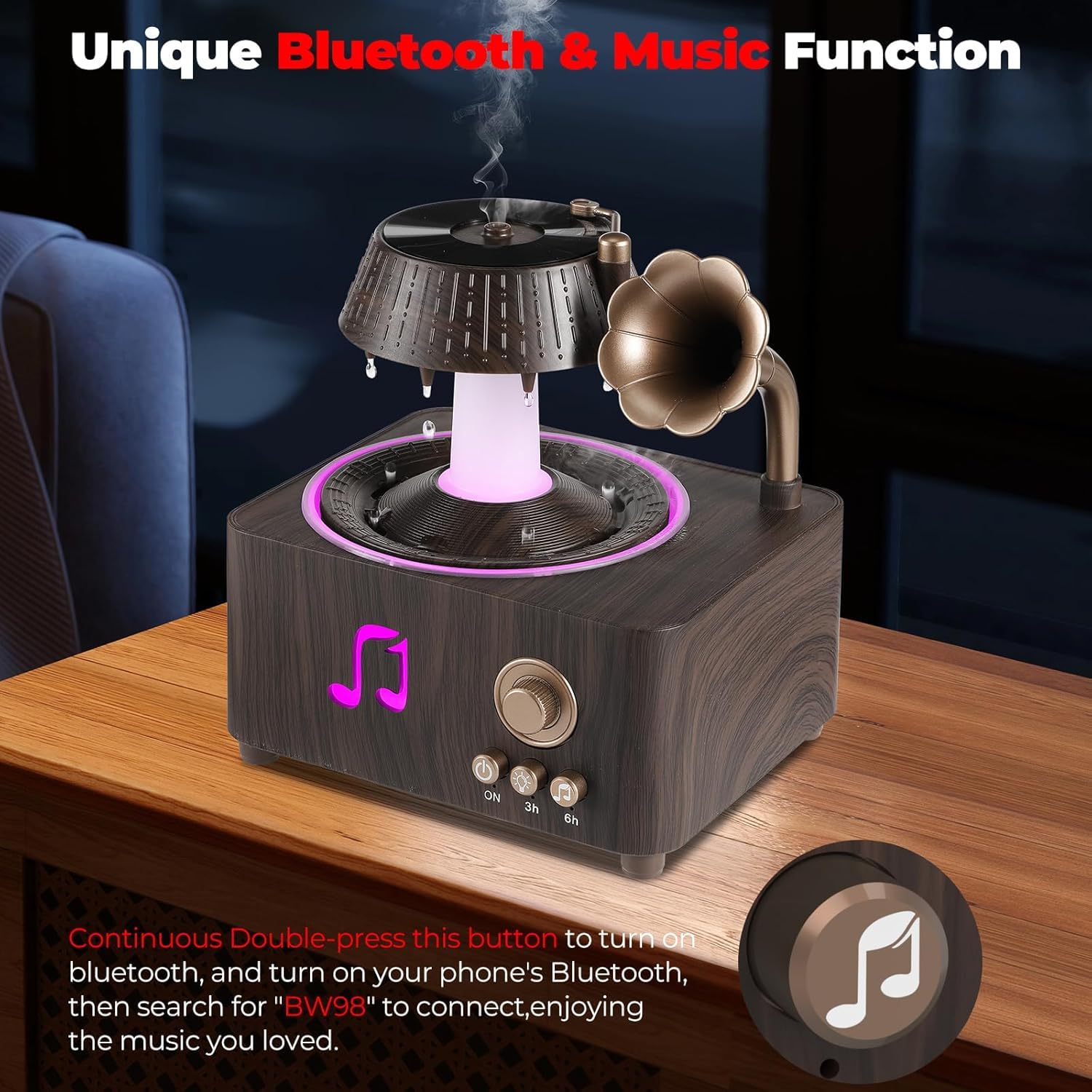 فواحة مضيئة على شكل جرامافون مع صوت ضوضاء بيضاء وسبيكر بلوتوث بخزان 250 ملي لتعطير المنزل بريموت للتحكم - الصورة 6