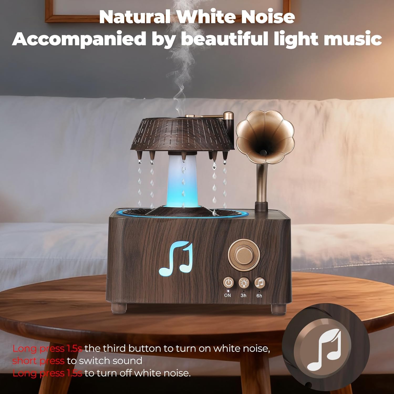 فواحة مضيئة على شكل جرامافون مع صوت ضوضاء بيضاء وسبيكر بلوتوث بخزان 250 ملي لتعطير المنزل بريموت للتحكم - الصورة 7