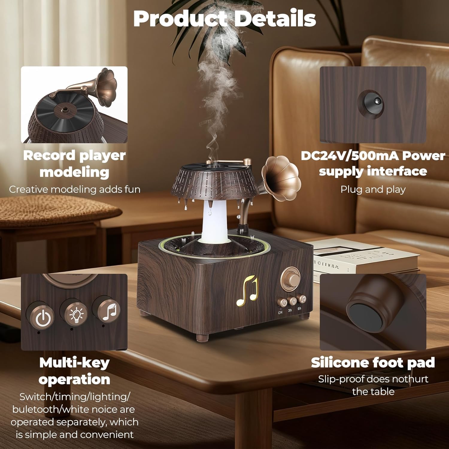 فواحة مضيئة على شكل جرامافون مع صوت ضوضاء بيضاء وسبيكر بلوتوث بخزان 250 ملي لتعطير المنزل بريموت للتحكم - الصورة 9